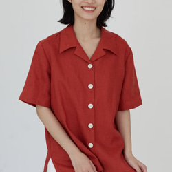 紅色 100%水洗亞麻襯衫 夏威夷寬松上衣 中性風夏日翻領短袖襯衣 第2張的照片