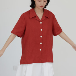 紅色 100%水洗亞麻襯衫 夏威夷寬松上衣 中性風夏日翻領短袖襯衣 第4張的照片