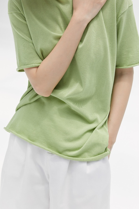 アボカドグリーン無地ルーズカーリング日本製半袖Tシャツマルチカラーアセテートコットン混シニア肌にやさしい 3枚目の画像
