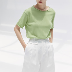 牛油果綠 純色寬松卷邊短袖T恤 日本進口多色醋酸棉混紡 高級親膚 第6張的照片