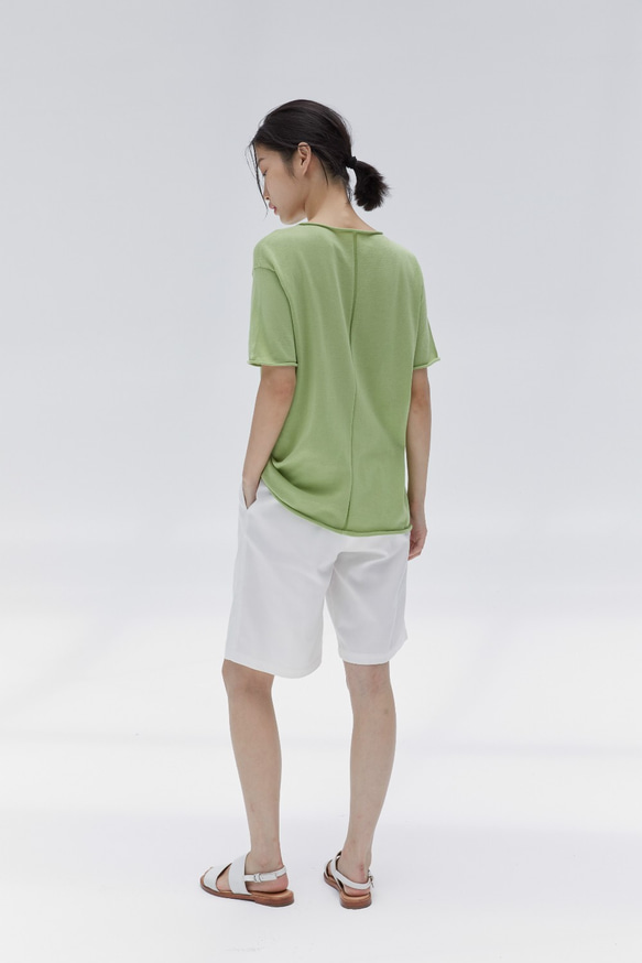 牛油果綠 純色寬松卷邊短袖T恤 日本進口多色醋酸棉混紡 高級親膚 第8張的照片