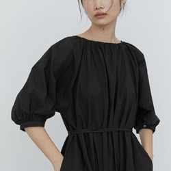 黑色 風的連接 進口棉兩穿襯衫式洋裝 複古燈籠袖寬鬆繫帶連衣裙 第7張的照片