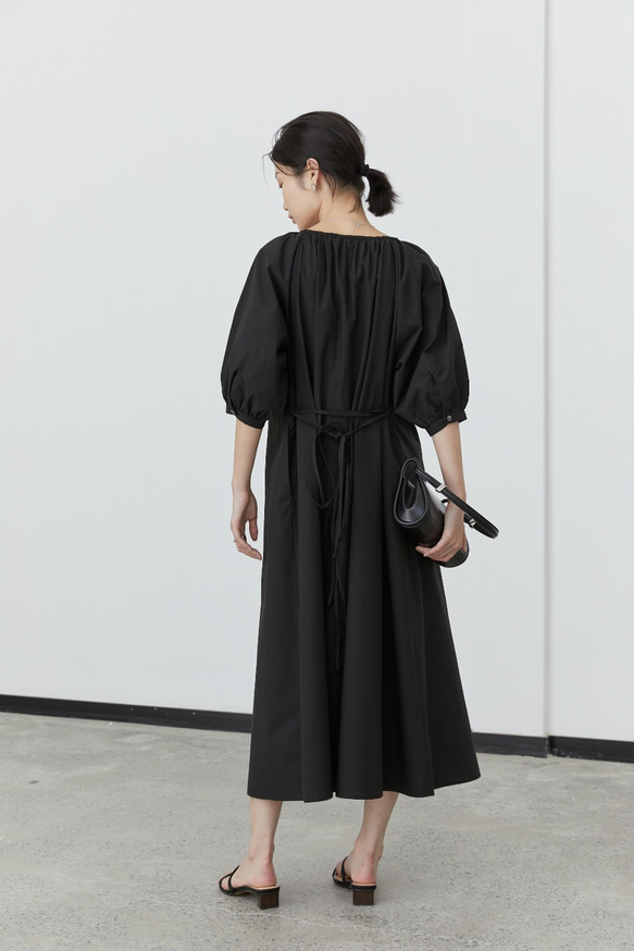 黑色 風的連接 進口棉兩穿襯衫式洋裝 複古燈籠袖寬鬆繫帶連衣裙 第8張的照片