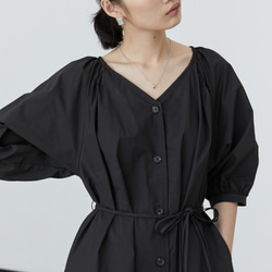 黑色 風的連接 進口棉兩穿襯衫式洋裝 複古燈籠袖寬鬆繫帶連衣裙 第9張的照片