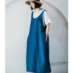 麻白色 簡約隨意寬鬆亞麻背帶裙洋裝 天然生態雨露麻植物藍染 Namsan Indigo草木染 第6張的照片