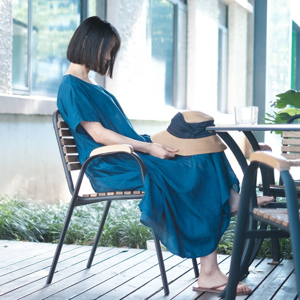 偏愛 | 靛藍色 天然雨露麻制 夏日亞麻寬鬆短袖褶皺洋裝 藍染連身裙 Namsan Indigo草木染 第2張的照片
