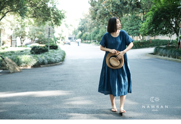 偏愛 | 靛藍色 天然雨露麻制 夏日亞麻寬鬆短袖褶皺洋裝 藍染連身裙 Namsan Indigo草木染 第3張的照片