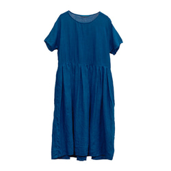 偏愛 | 靛藍色 天然雨露麻制 夏日亞麻寬鬆短袖褶皺洋裝 藍染連身裙 Namsan Indigo草木染 第10張的照片