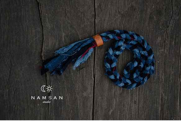 加治亜美|純粋な手作りの青い織りの編みこみロープネックレス、レザーバックルブルーのレトロな仏の手作りペンダント「NAMSAN I 8枚目の画像