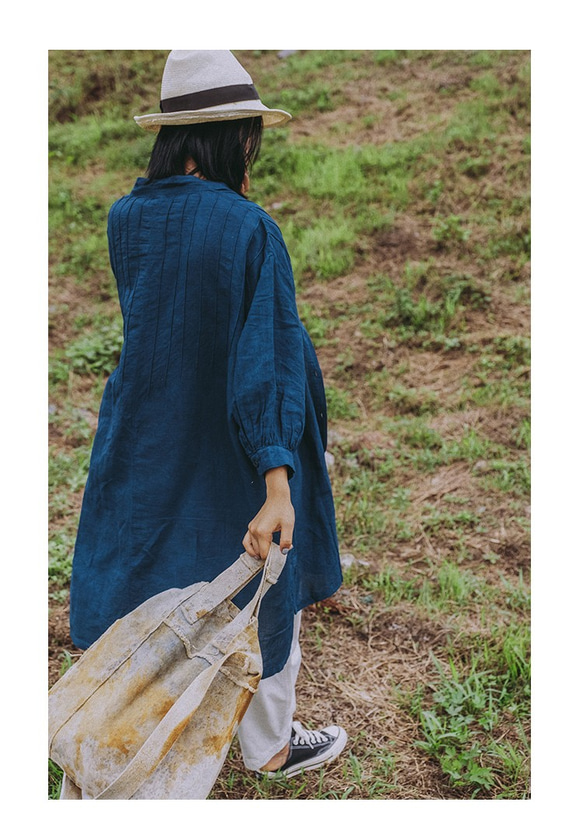 靛藍/白色 亞麻棉男友風襯衫 中性Oversize長款襯衣 天然植物藍染 Namsan Indigo草木染 第6張的照片