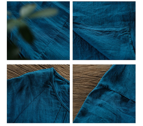 靛藍/白色 複古氣質寬鬆圓領洋裝 純亞麻蝙蝠袖連衣裙 天然植物染 Namsan Indigo草木染 第10張的照片