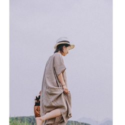 茶色 複古氣質寬鬆圓領洋裝 純亞麻蝙蝠袖連衣裙 天然植物染 Namsan Indigo草木染 第2張的照片