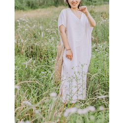 靛藍/白色 棉麻風氣質寬鬆V領開叉洋裝 天然植物染夏日舒適連衣裙 Namsan Indigo草木染 第8張的照片