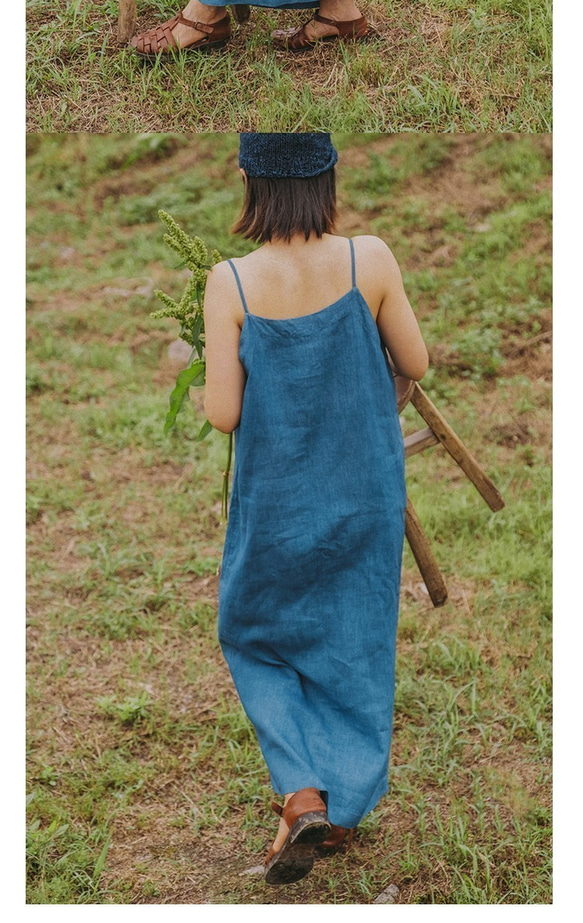 靛藍色 | 4色100%亞麻簡約內搭V領吊帶洋裝 天然植物染極簡連身裙 Namsan Indigo草木染 第7張的照片