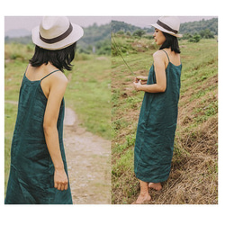 靛藍色 | 4色100%亞麻簡約內搭V領吊帶洋裝 天然植物染極簡連身裙 Namsan Indigo草木染 第8張的照片