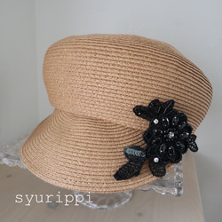 ブラックレースの帽子アクセサリー☆お花ビーズ刺繍ブローチ　 3枚目の画像