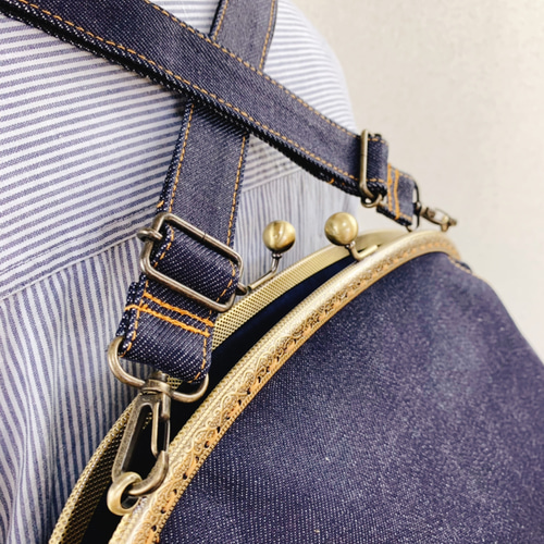 1.受注制作/送料込 デニム布がま口リュック&ショルダーバッグ 背中で口