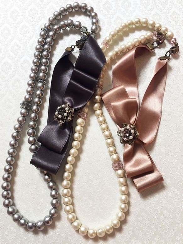 Ribbon & Cotton peal Necklace リボン＆コットンパール　ネックレス 1枚目の画像