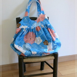 和柄 帯リメイク ショルダーバッグ 名古屋帯 正絹 ブルー 水色 花刺繍