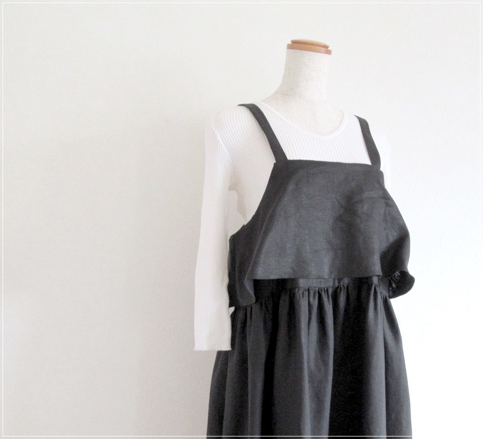【再販】ブラック* リネンの2wayラッフルキャミワンピース
