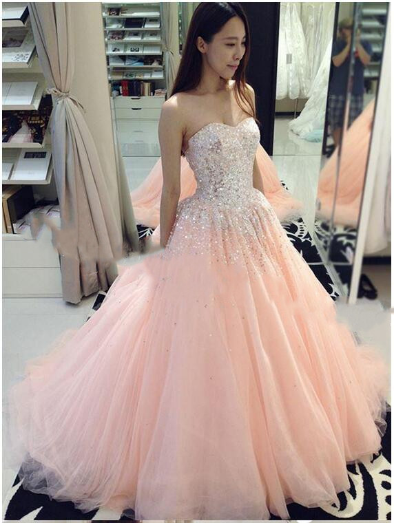 カラードレス ピンク ベアトップ ソフトチュール ハンドビーディング スパンコール ステージ衣装 結婚式/披露宴