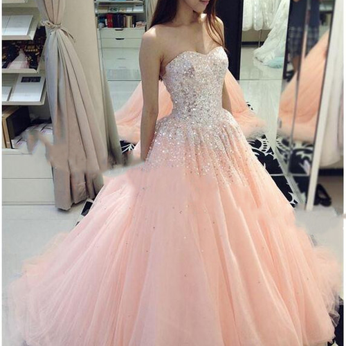 カラードレス ピンク ベアトップ ソフトチュール ハンドビーディング