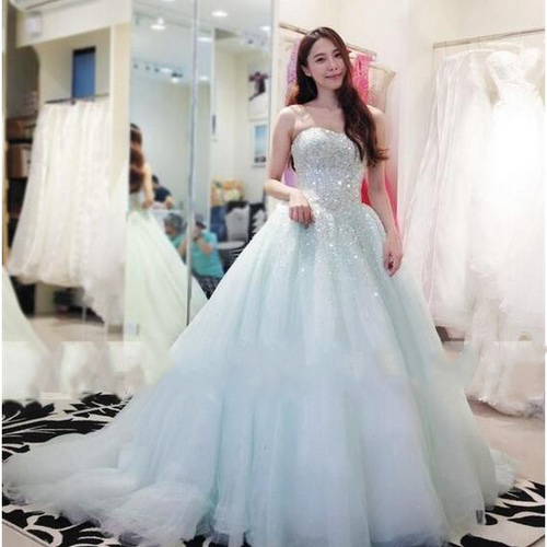 カラードレス ピンク ベアトップ ソフトチュール ハンドビーディング