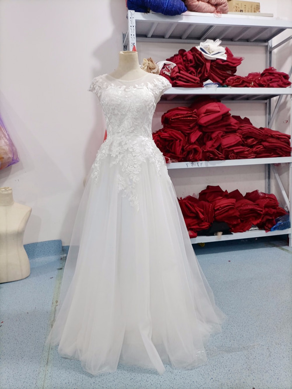 高品質！ ウエディングドレス ホワイト レース ミニトレーン/短  