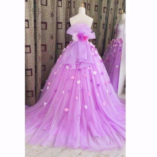 大きなリボン、花びら付き カラードレス パープル系 ウエディング  