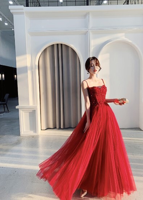 美品！ イブニングドレス 赤 キャミソール ロング 優雅なシルエット 細見えシルエット 5枚目の画像