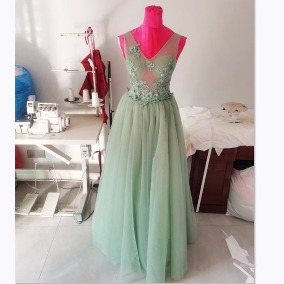 高品質！ カラードレス 薄グリーン 薄緑 ソフトチュール ロング  