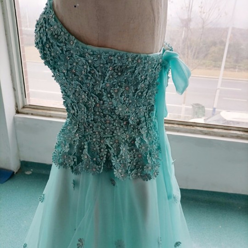 高品質！パーティードレス カラードレス ブルーグリーン ベアトップ  