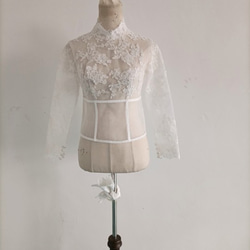 ウエディングドレス中に入れるボレロ　トップス　上品刺繍　くるみボタン　チャイナ襟 6枚目の画像