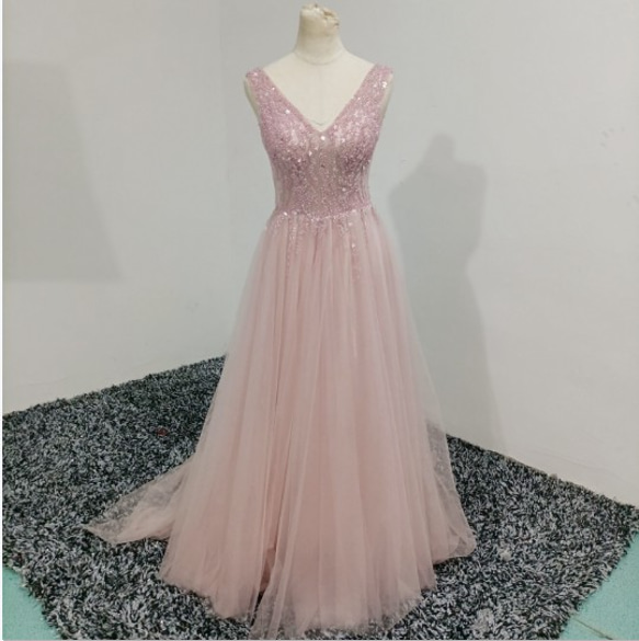 カラードレス ピンク紫 ソフトチュール ビジュー Vネック V タンク  