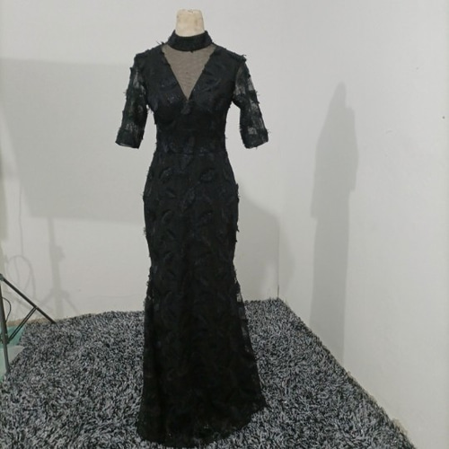 ★Mac Duggal★ Black 花柄 ハイネック 長袖ドレス Mac Duggal 20651 A-Line Sweetheart Neck Floral Embroidered