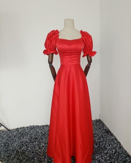 上品！ パーティードレス 赤  ロング  ファスナー  優雅   くるみボタン カラードレス　パフスリーブ 19,900円