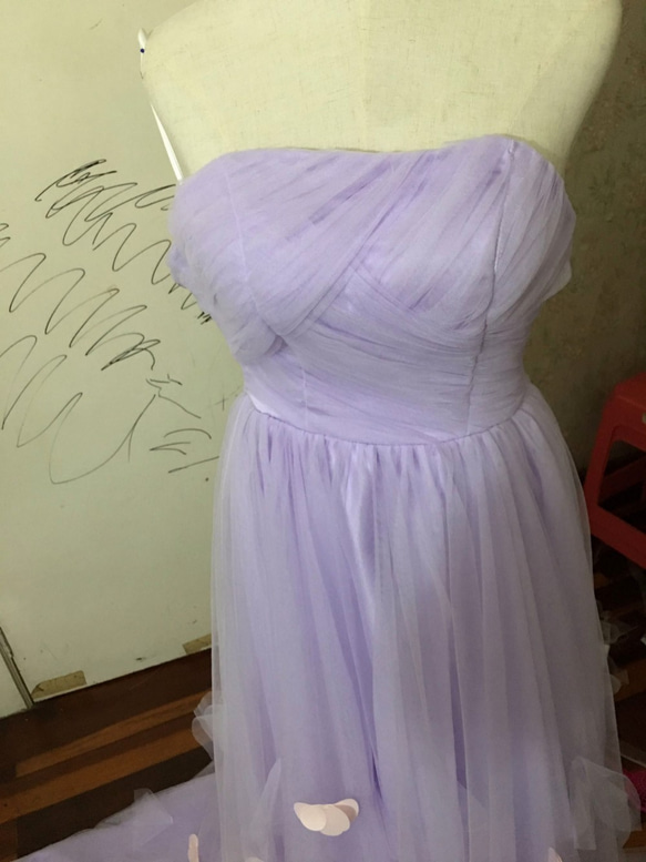 素敵なカラードレス オフショルダー パープル/紫 ソフトチュール 花嫁 3枚目の画像