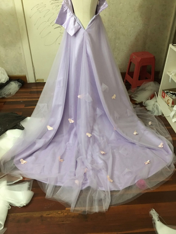 素敵なカラードレス オフショルダー パープル/紫 ソフトチュール 花嫁 4枚目の画像