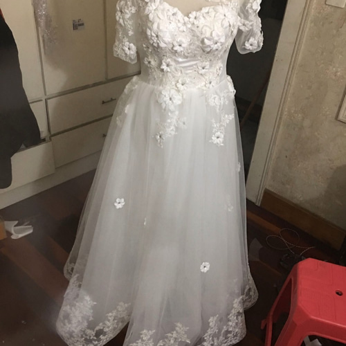 高品質！ パーティードレス 3D立体レース刺繍 ホワイト ソフトチュール  