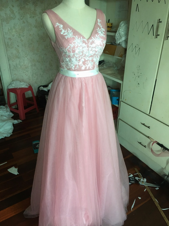 エレガント パーティードレス ピンク ソフトチュール 床付く お呼ばれ  