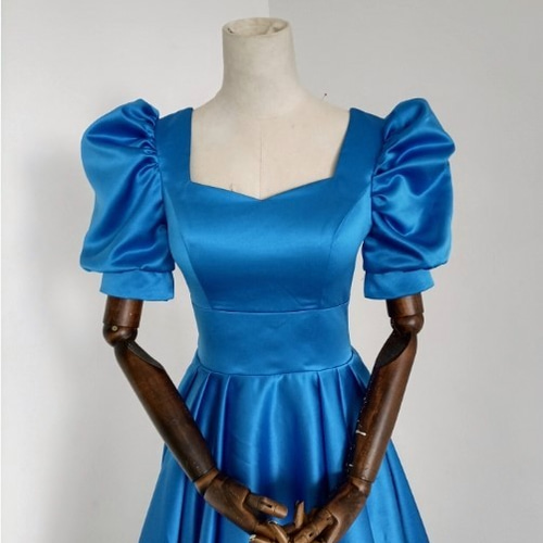 パーティードレス 青/ブルー フランス風 短トレーン 背中見せ 二次会  