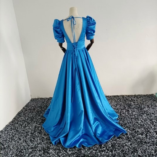 パーティードレス 青/ブルー フランス風 短トレーン 背中見せ 二次会  