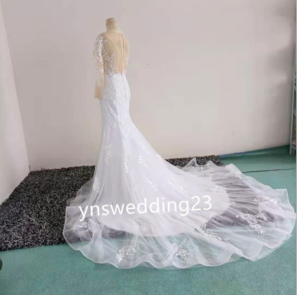 高品質！ウエディングドレス 純白 オフショル 3D立体レース刺繍 マーメイドライン 2枚目の画像