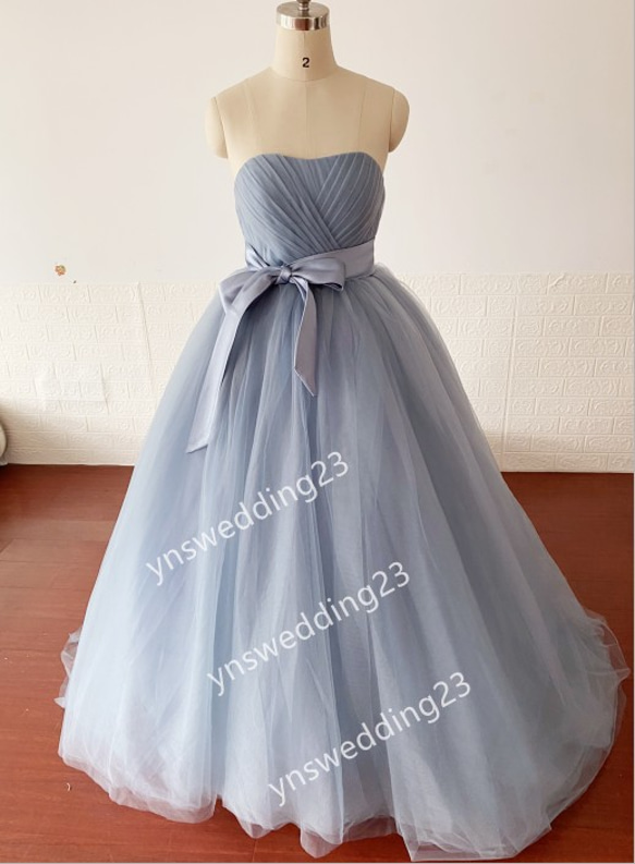 ブルーグレー カラードレス ソフトチュール サッシュベルト 取り外し  