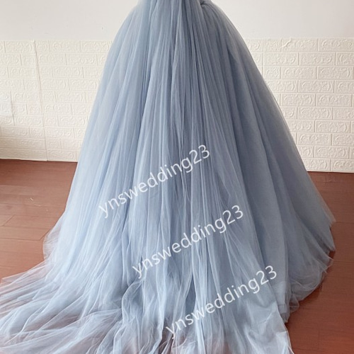 ブルーグレー カラードレス ソフトチュール サッシュベルト 取り外し  