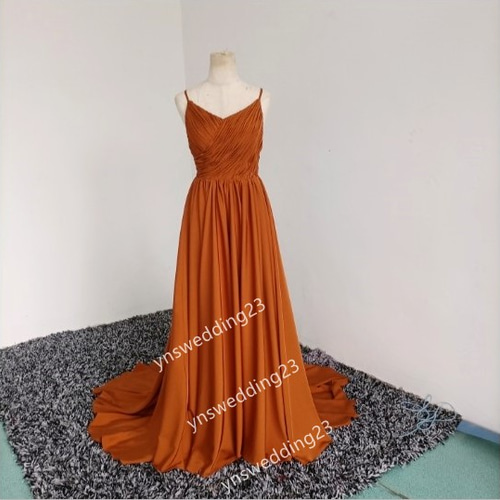 高品質 パーティードレス テラコッタ色 トレーン キャミソール シアー  