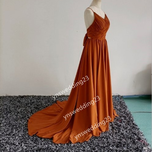 高品質 パーティードレス テラコッタ色 トレーン キャミソール シアー  