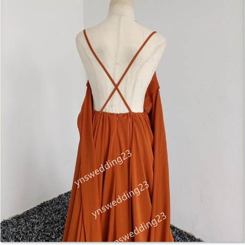 高品質 パーティードレス テラコッタ色 トレーン キャミソール シアー  