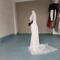 大人気上昇 ホワイトウエディングドレス 3D立体レース刺繍 パール 2枚目の画像