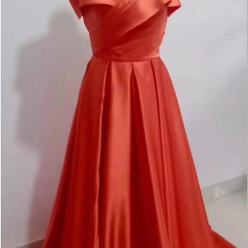 エレガント オフショルダー パーティードレス さくらんぼ色 短トレーン  
